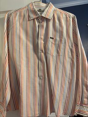 Faconnable Striped Button-Down Shirt in Orange, Blue & Cream